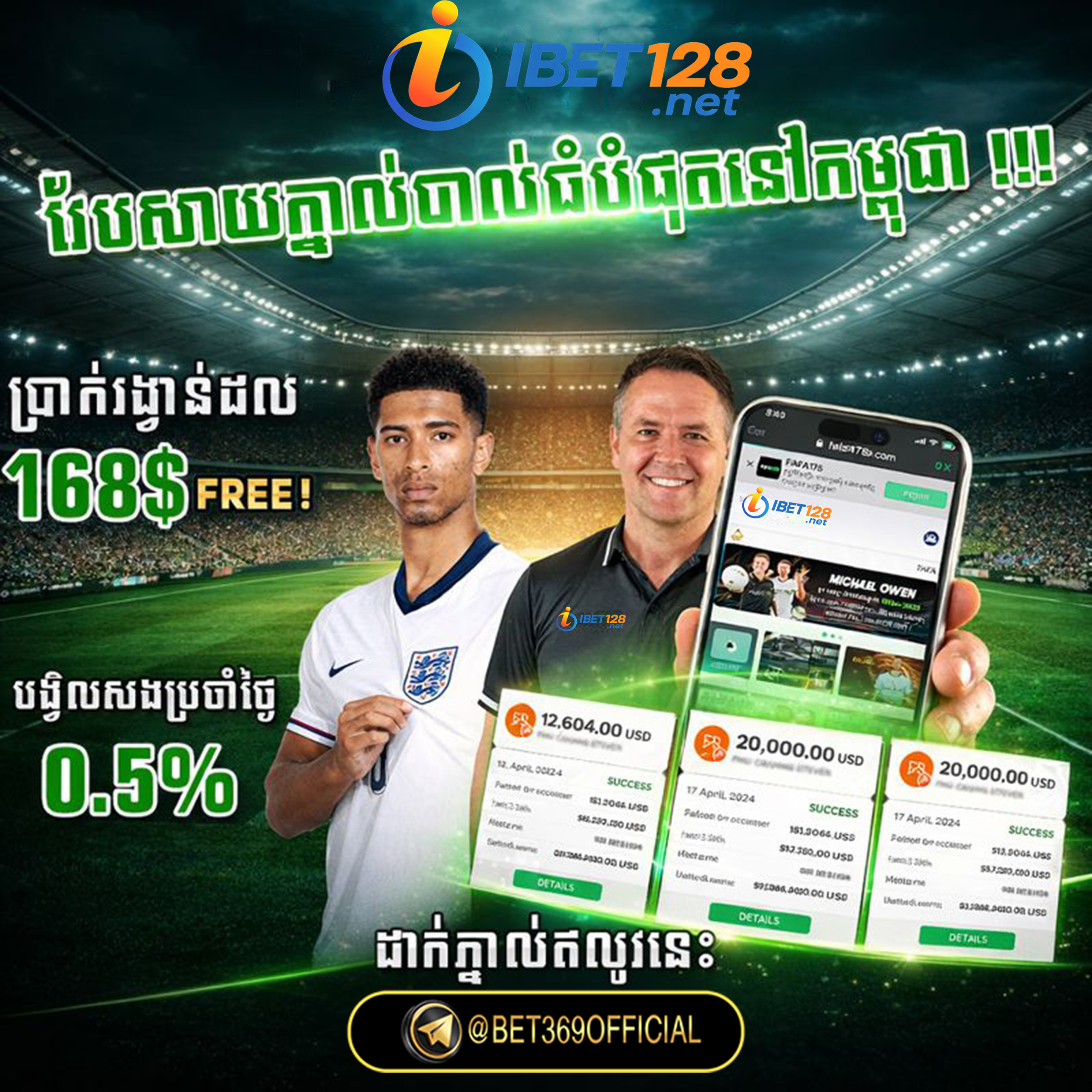 24futboll បង្ហាញពីប្រូម៉ូសិនភ្នាល់បាល់ទាត់ ប្រាក់រង្វាន់ $168 និងការបង្វិលសង 0.5%